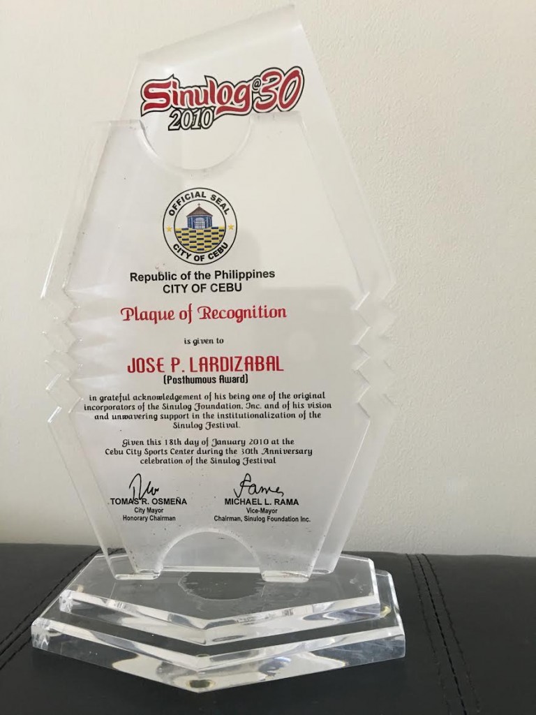 plaque of recognition to jose p lardizabal sinulog